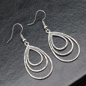 Silver Triple Open Teardrop Dangle Pendant Earrings Lghtwt Drop Textured Charm